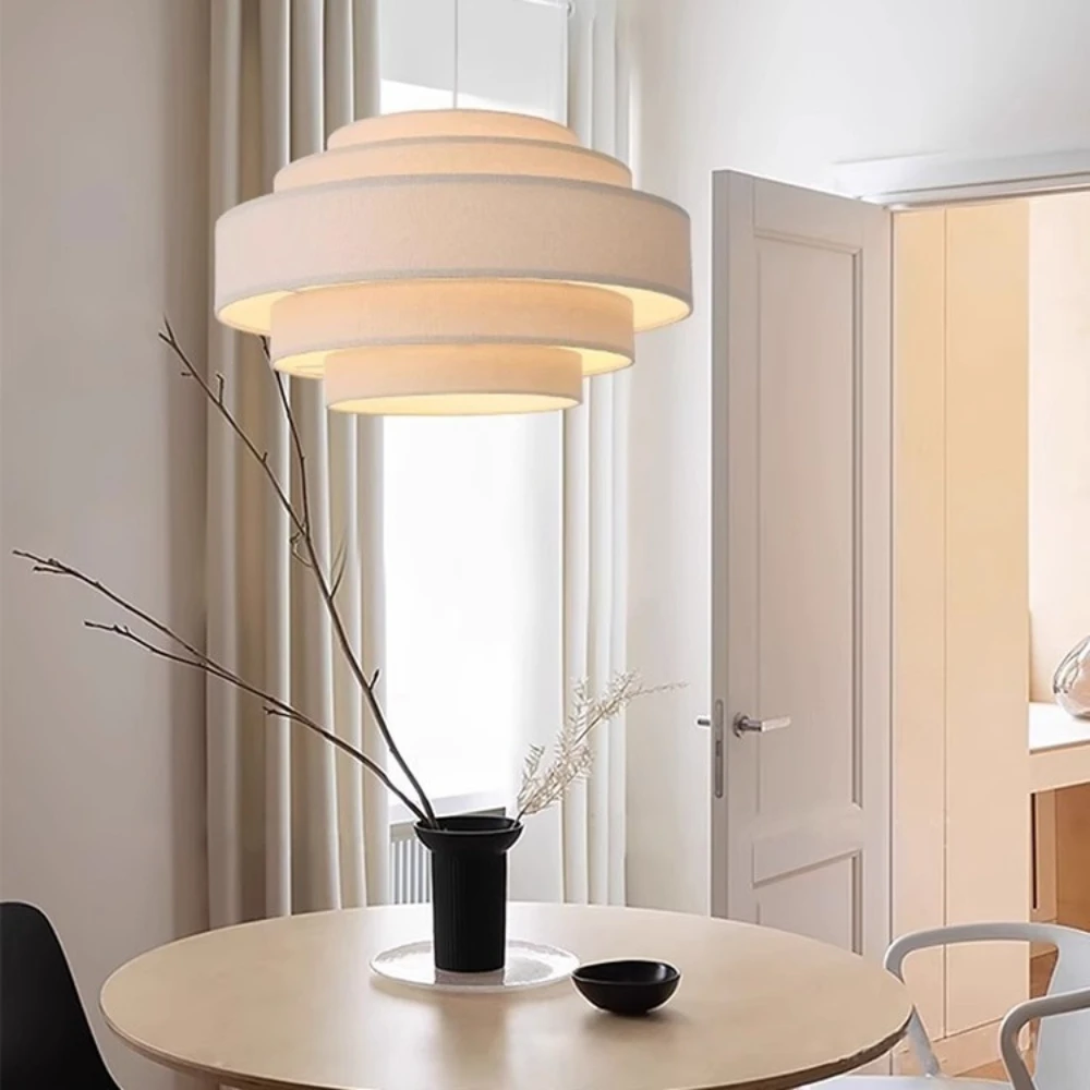 Japanese Multi-layer Circle Fabric Pendant Light Beige Design for Restaurant Living Room Hotel Led Chandelier Home Hanging Lamps