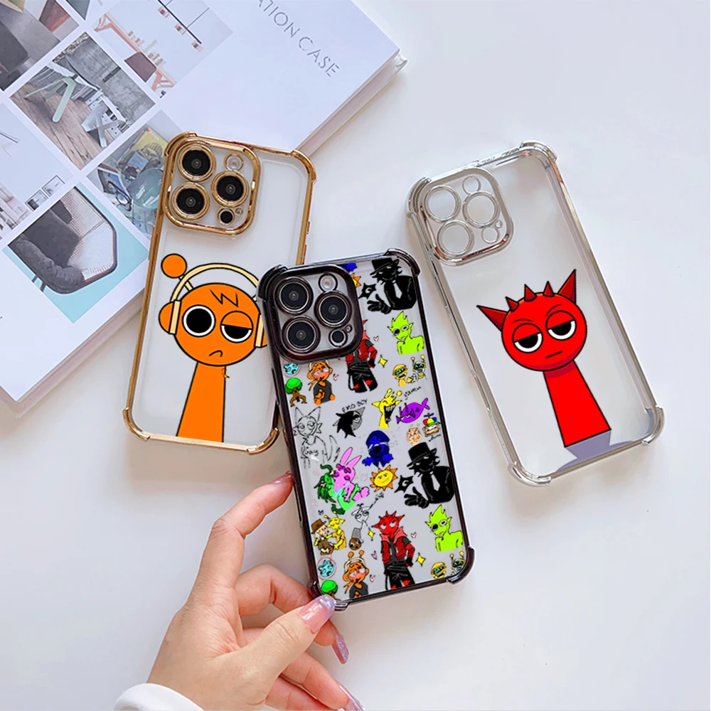 Cartoon S-Sprunki Pattern Phone Case For iPhone 16 12 13 14 15 Pro Max Plus Color Electroplate Four Corner Anti-drop Color Cover