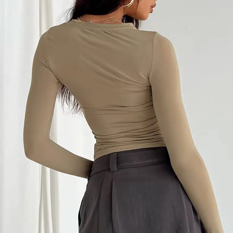 Women's Solid Color Long Sleeve Shirt Fashion 2024 Crop Top Base Layered Exercise Temperament Y2K Top Base Tops image 4