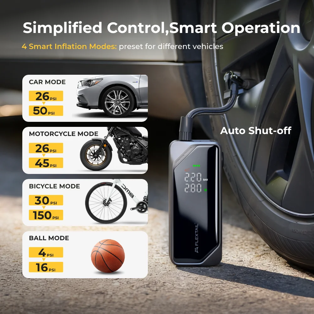 

FLEXTAIL 150PSI Tire Pump, Electric Tire Inflator for Car Bicycle Motorbike Balls, 4 Modes Fast Tire Inflation, 3 Lighting Modes