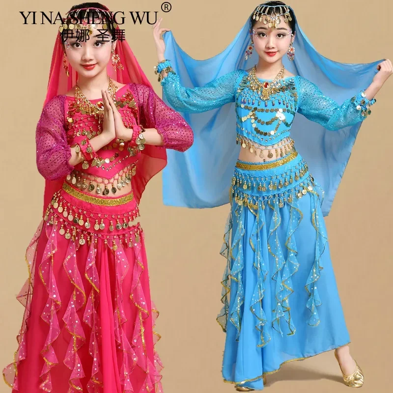 Disfraz de danza del vientre étnica india de Xinjiang egipcio para niños, vestido de manga larga para niñas y niños pequeños
