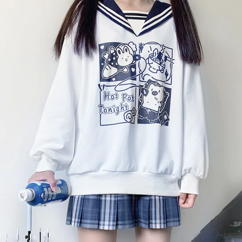 Japanese Preppy Style JK Student Teen Girl Casual Sweatshirt Patchwork Sailor Collar Cartoon Print Kawaii Hoodies Bestie Clothes