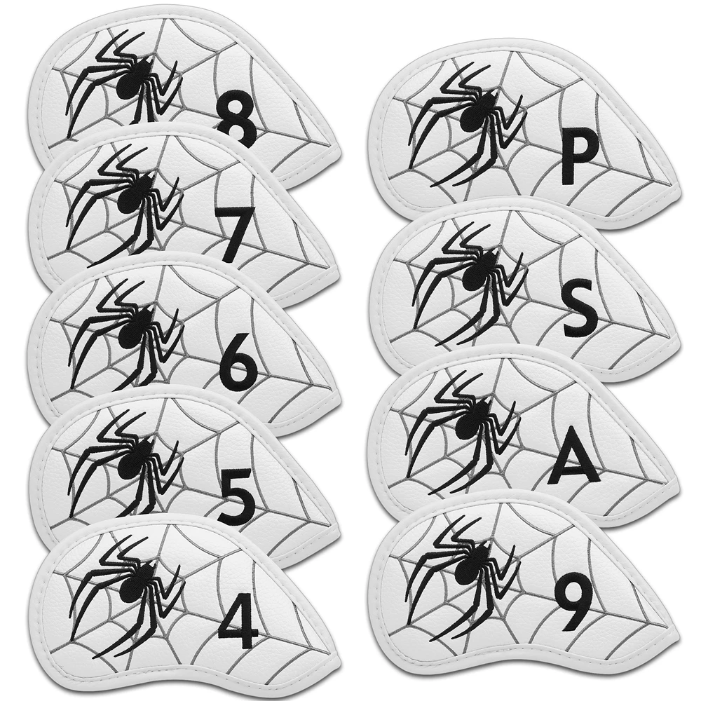 White Black PU Faux Leather Spider' Embroidered Golf Club Headcovers 4-9 P A S  Iron Cover Set of 9 pcs