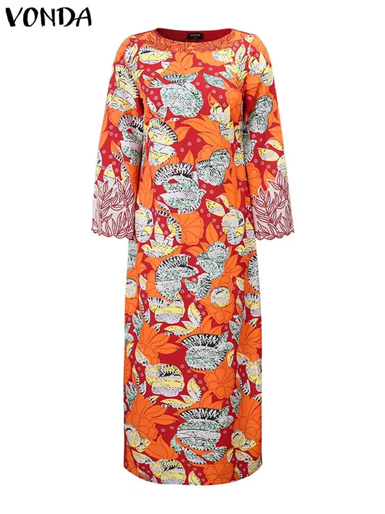 Vonda Vrouwen Zomer Vintage Maxi Zonnejurk 2024 Lange Flare Mouw Bloemenprint Bohemian Jurk Elegante Casual Losse Gewaad Femme