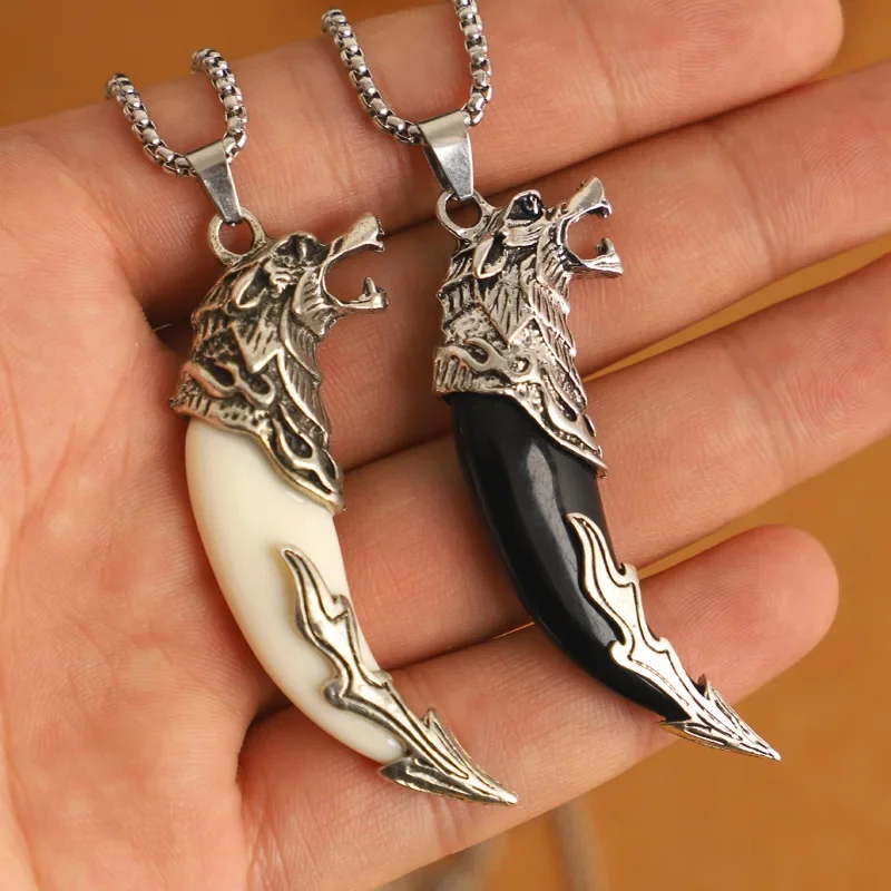 

1pc Men's Wolf Tooth Necklace, Cool Pendant Stainless Steel Chain Jewelry, father's day gift