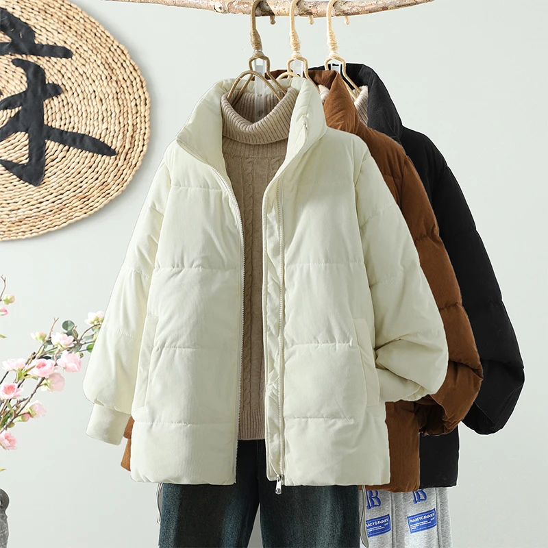 

Winter Thiened Corduroy Bread Coat Loose Fit Warm Stand Collar plus Size Color Cotton Jaet Outerwear for Women
