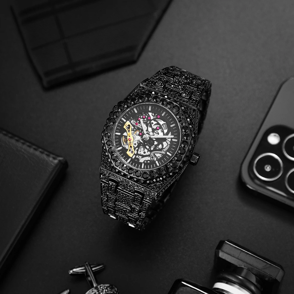 Luxury Men Automatic Wristwatch Top Brand Mechanical Skeleton Original Colorfull Diamond Watch Waterproof Clock Relogio Masculin