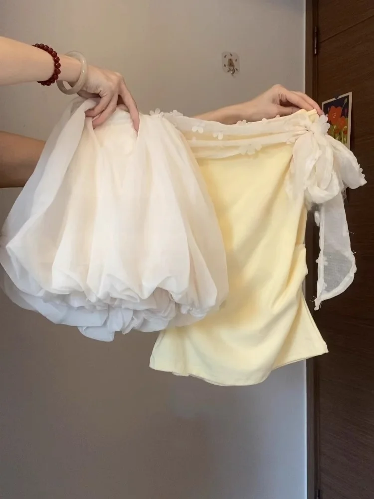 

Summer Yellow One-oulder Top And Puffy Flower Bud ort Skirt Set Cute And Active Two-Piece Ensemble Soft Gentle Sle