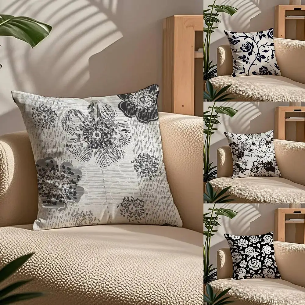 

Black And White Plant Pattern Leaves Pillow Case Comfort Sofa Bed Silky elegant Invisible zipper Custom Decorative cushion cover