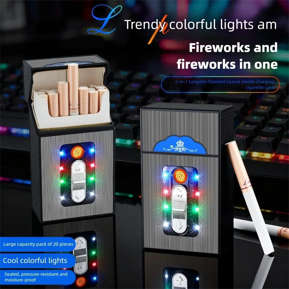 2027 Slim USB Color Light Charging Cigarette Case Lighter, 20-Count Integrated Cigarette Case Smoking Accessories