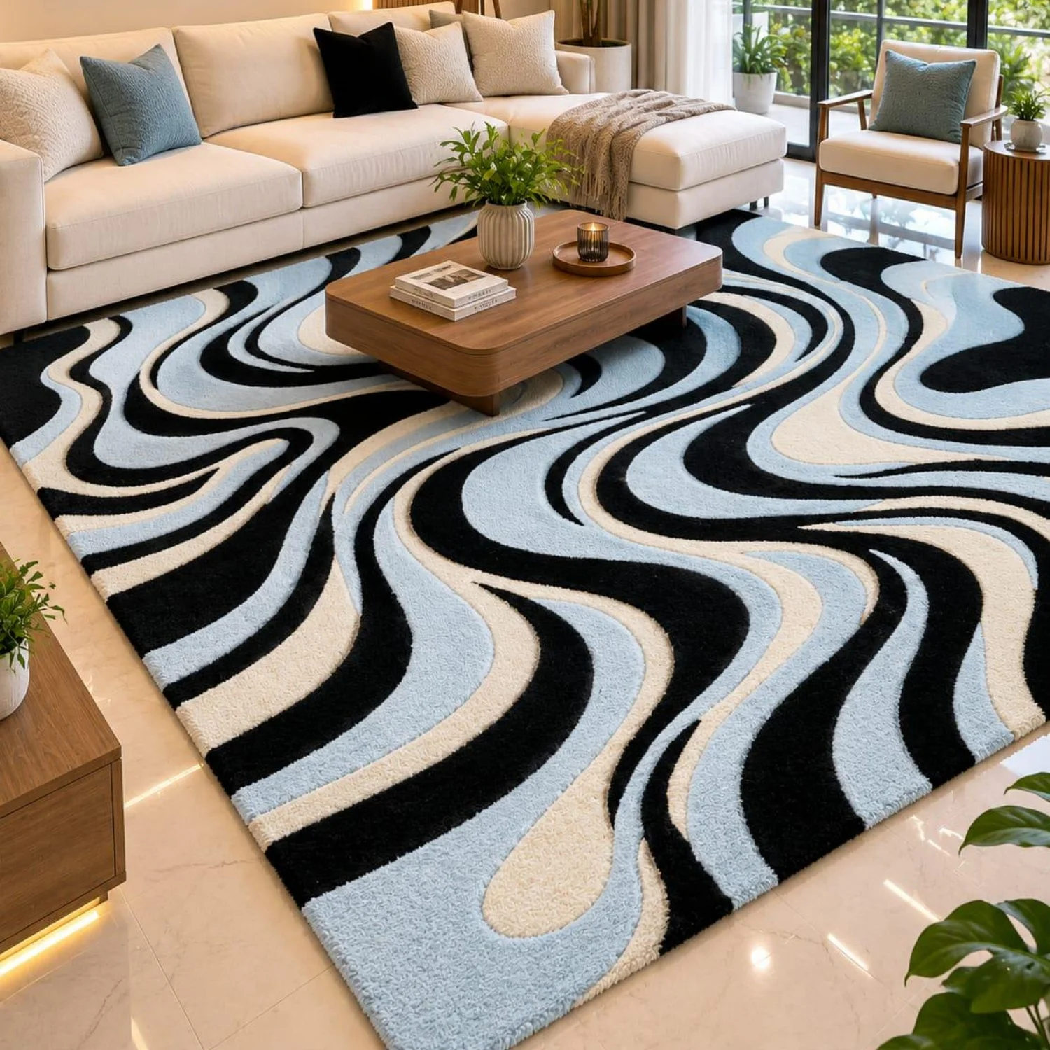 Room Decor Rug Light Blue Black Cream Swirl Wave Abstract Shaggy Area Rug, Warm Floor carpet, rugs for livingroom, rug for bedroom, Rectangle Floor Mat, Ideal for Modern Living Room, Minimalist Fluid