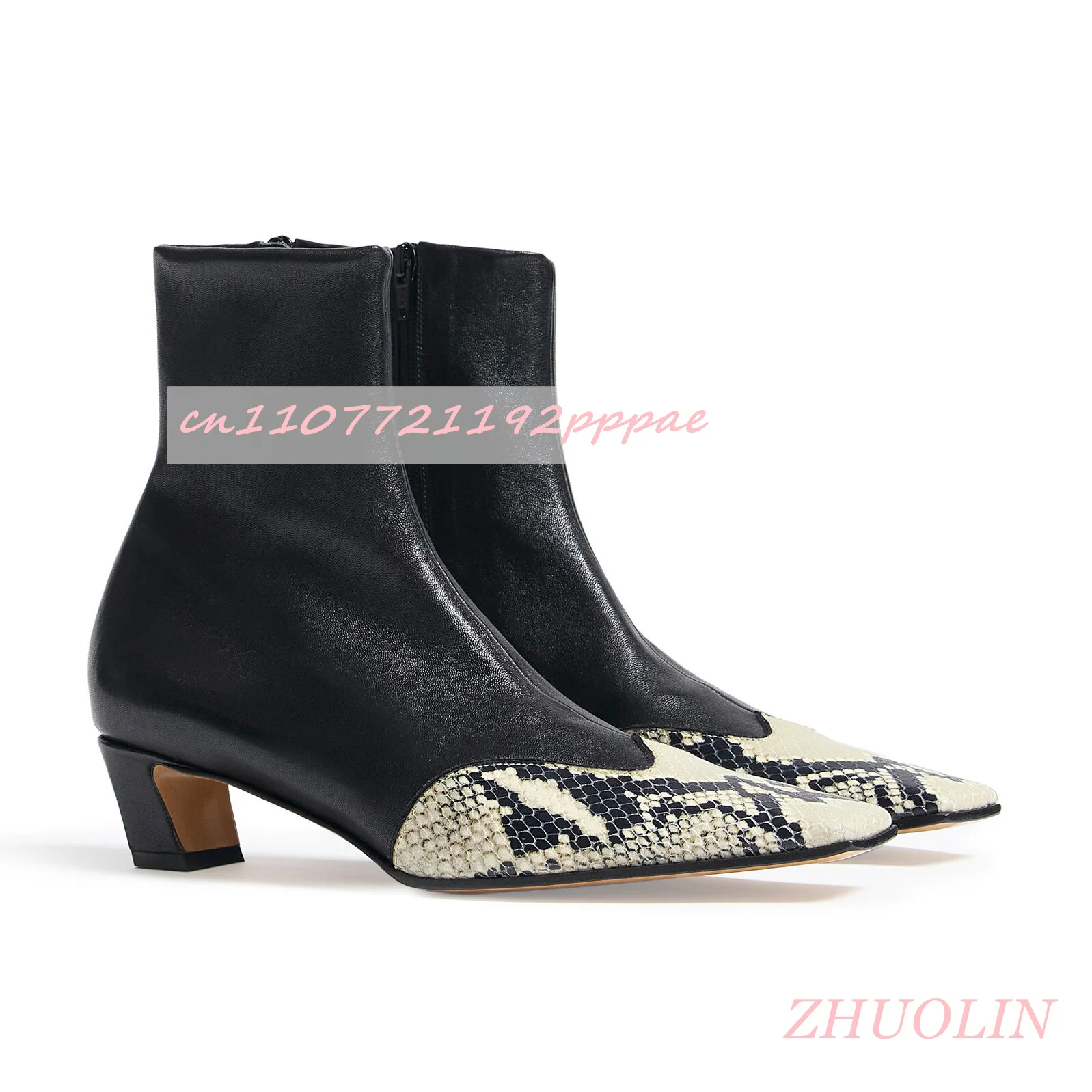 

Autumn Snake Pattern Splicing Short Boots Ladies Square Head Thick Heel Side Zipper Stretch Boots Sexy Luxury Party Nude Boots