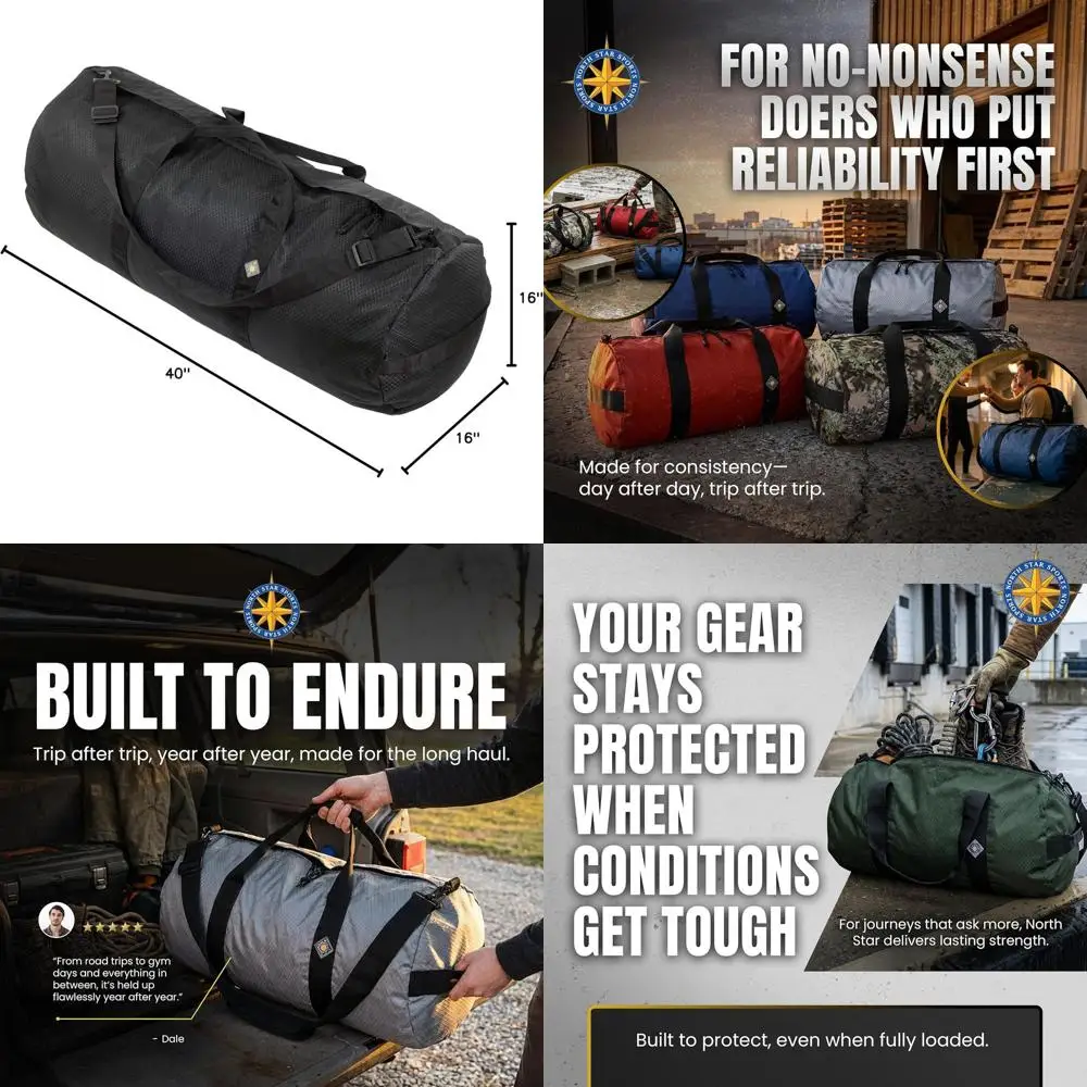 

Сверхпрочная сумка-даффл XL из рипстоп-ткани, высокопрочная и устойчивая к непогоде, с усиленными швами, объем 131 л, черная