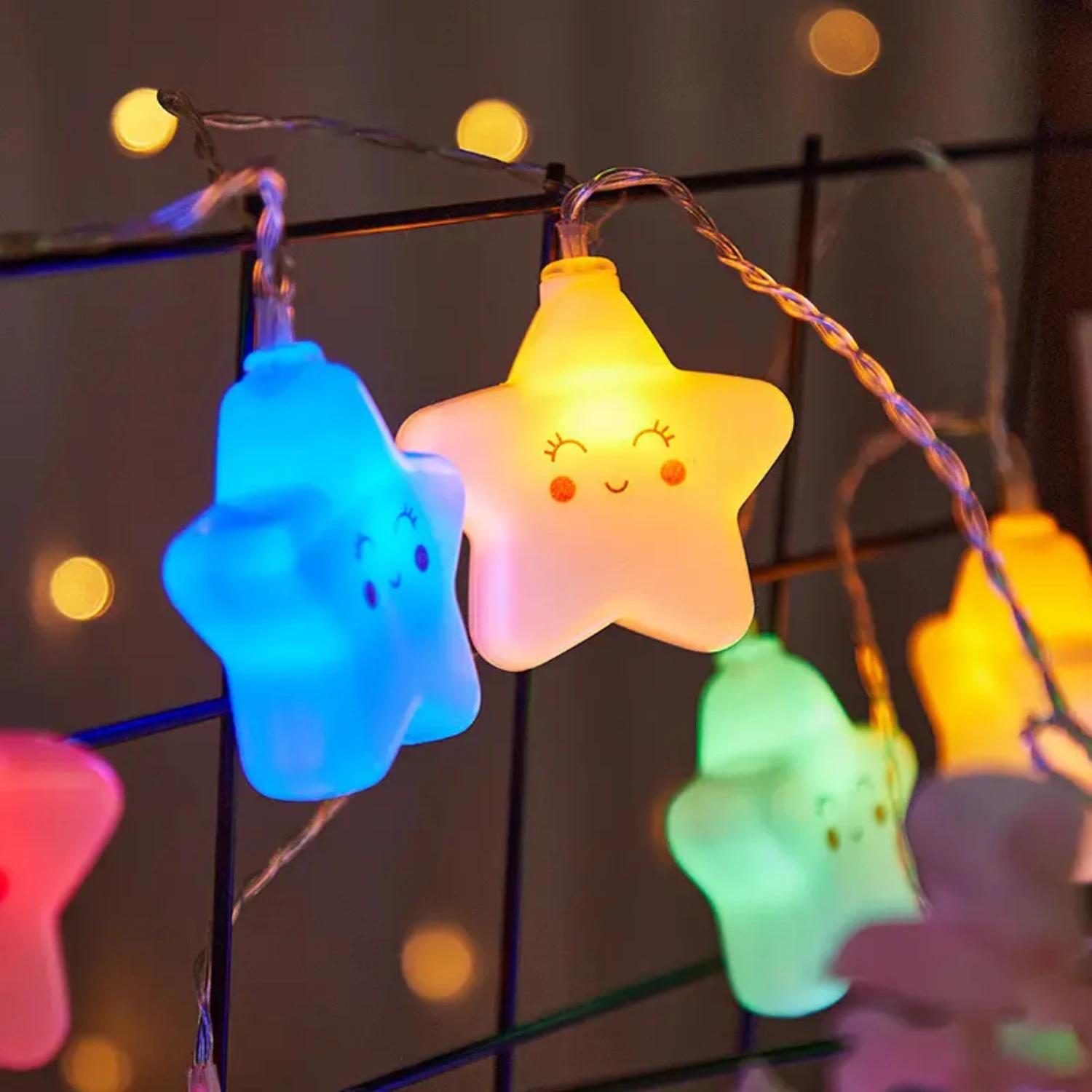 Colorful, whimsical Battery Operated Small String Lights ideal for Kids Room Decor - featuring Happy Face Clouds and Stars Theme