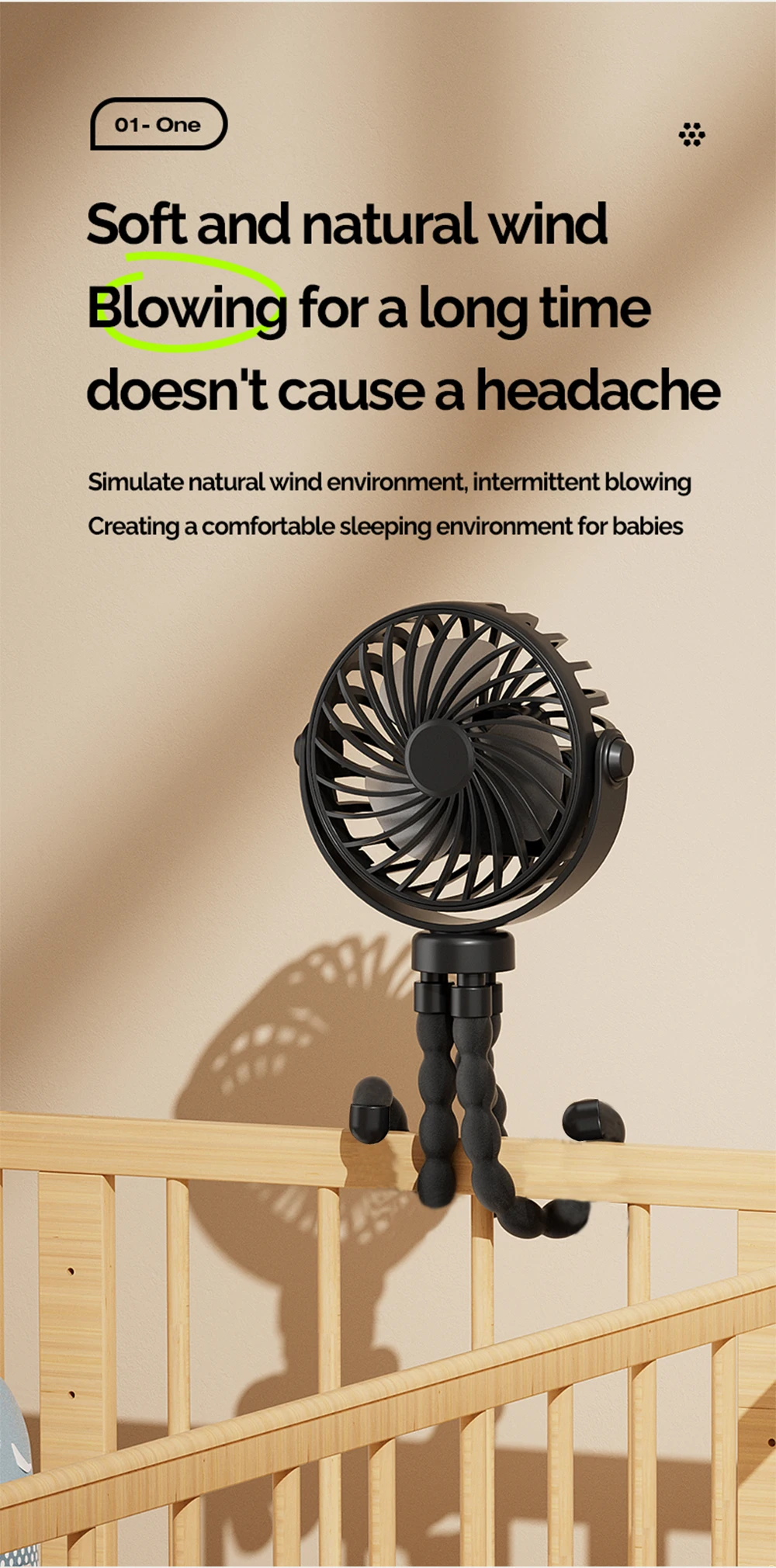 Mini Oszillierender Ventilator, Geräuschloser Oktopus-Ventilator, Flexibel Einstellbar, Handheld/Hängend/Umwickelbar/Stehend, Mini-Ventilator mit Licht, Kinderwagen-Ventilator – Detail 7