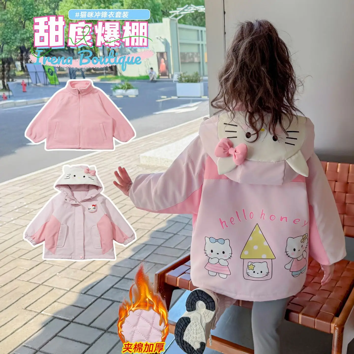 

Sanrio Hello Kitty Girls Hooded Jacket Autumn Winter Cartoon Thiened Cotton Coat Baby Toddler Warm Outerwear Plus Velvet Jackets