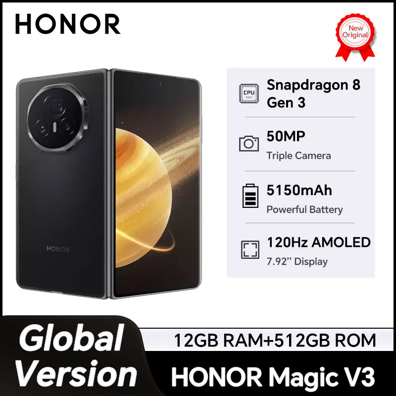

HONOR Magic V3 Global Version 5G Smartphone 120Hz Foldable LTPO OLED 7.92" Display Snapdragon 8 Gen 3 5150mAh 66W NFC IPX8
