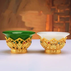 Golden Tibetan Ghee Bowl Zinc Alloy Tantric Holy Water Cup 8.5 cm Engraved Buddhist Green Stone Bowl Gift Desktop Decorative