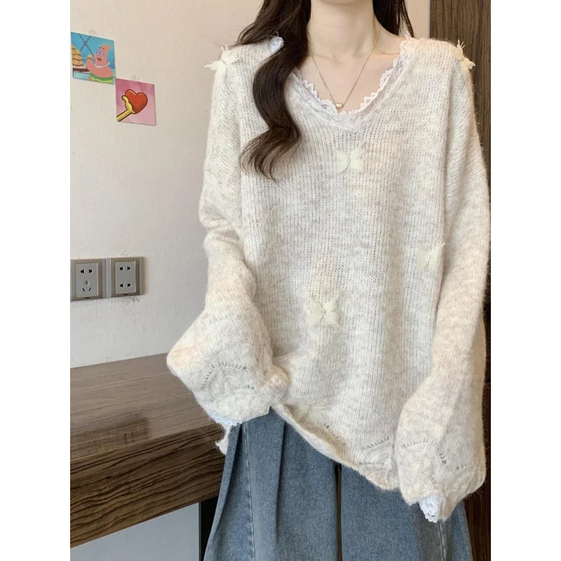 الخريف الشتاء ارتداء حجم كبير الدانتيل الفرنسي محبوك سترة المرأة موضة لينة مريحة قاعدة طبقة الخامس الرقبة فضفاضة التخسيس