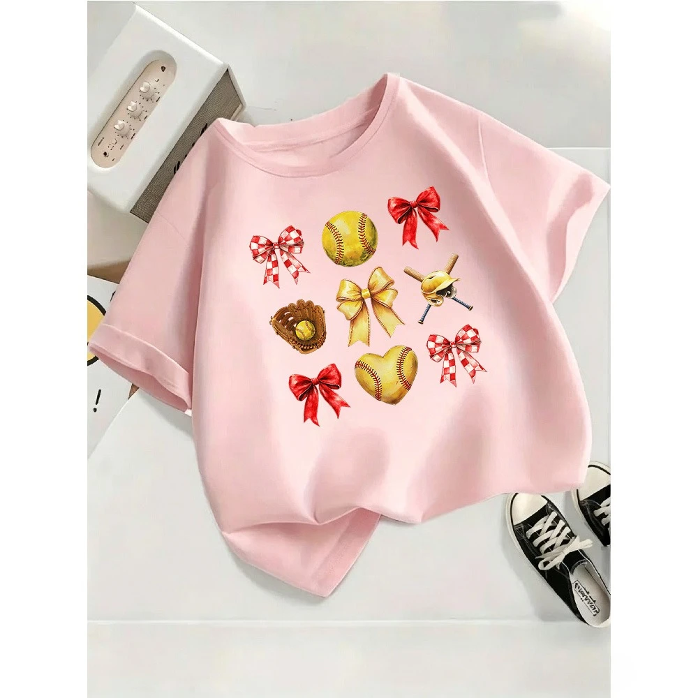 Summer Children's T-shirt Loose Comfortable Soft Skin Friendly Outdoor Sports Fashion Versatile Fun Baseball Bow Printed Top