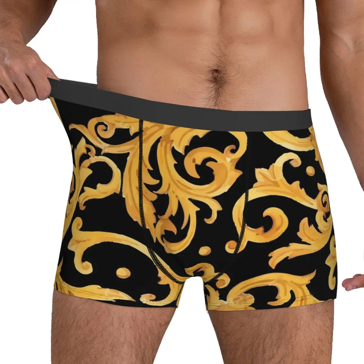 Baroque Print Underwear Gold Floral Plain Underpants Customs Shorts Briefs 3D Pouch Males Large Size Boxer Shorts