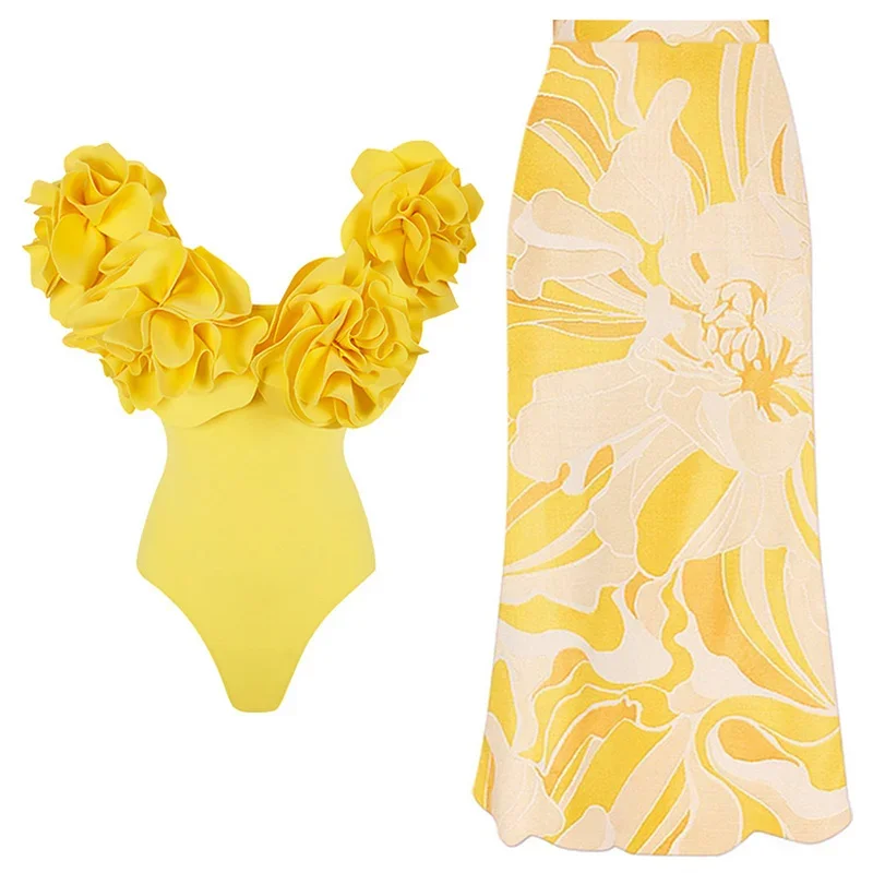 Solid Yellow 2024 donne Sexy 3D Flower costume intero costumi da bagno con spalle scoperte Beachwear Summer Monokini Surf Wear costume da bagno