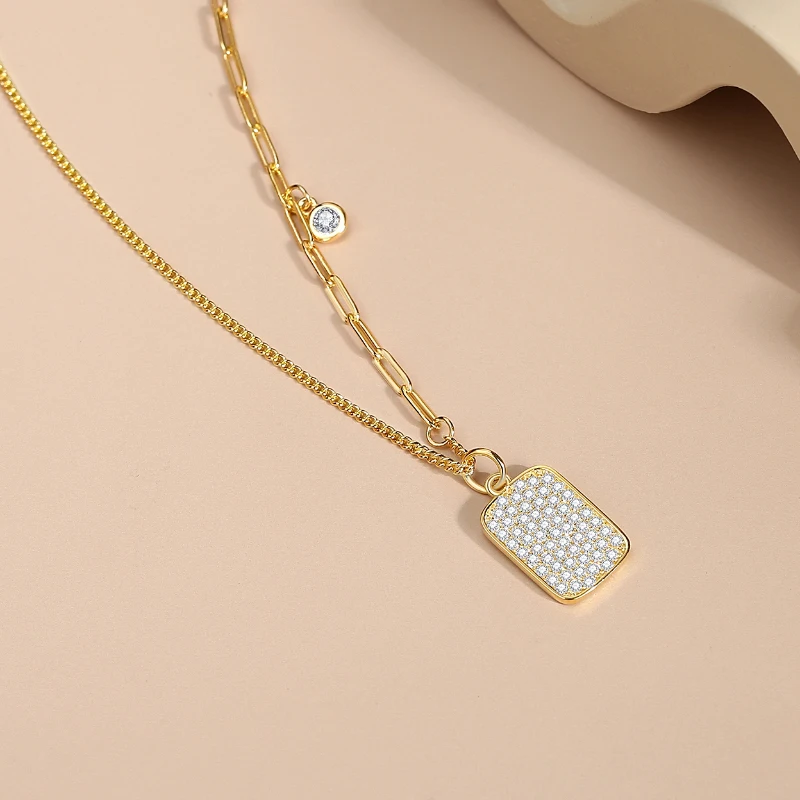 925 Sterling Silver Full Zircons Diamond Tiny Dog Tag Necklace Fashion Shiny Cool Square Pendant Fine Jewelry For Women Men Gift
