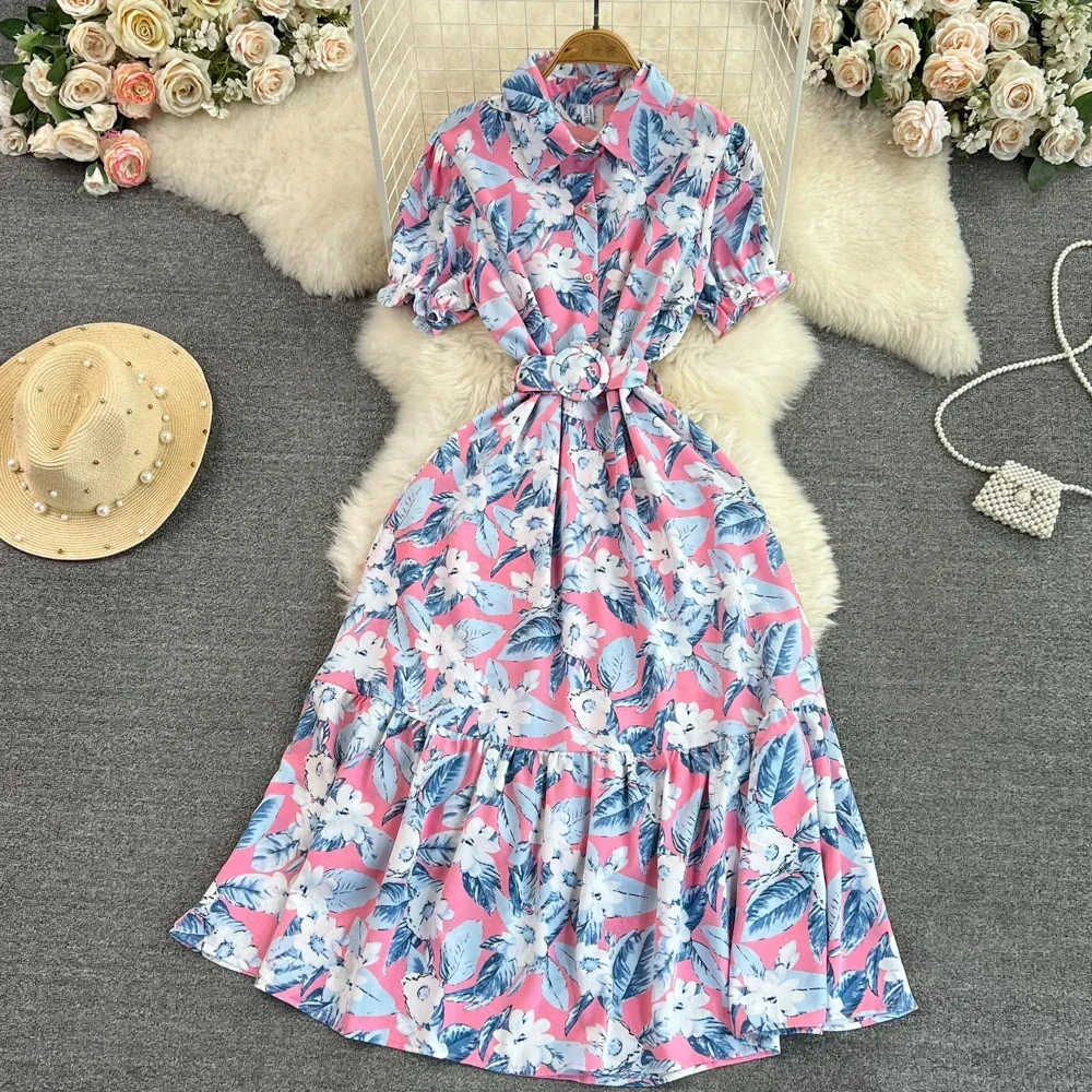 Summer Vintage Women Printed Long Dress Elegant Turn-Down Collar Single Breasted Short Sleeve High Waist A-Line Maxi Vestido New