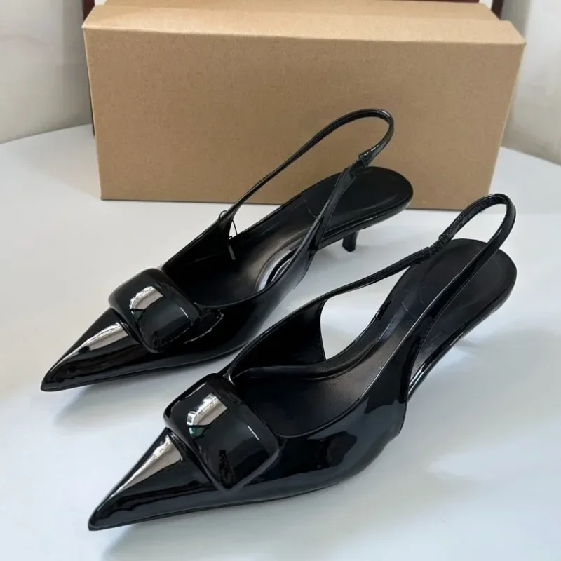 

Beige Patent Leather Women Slingback Sandals Fashion Square Buckle Pointed Toe Designer Summer High Heels Office Lady Shoes