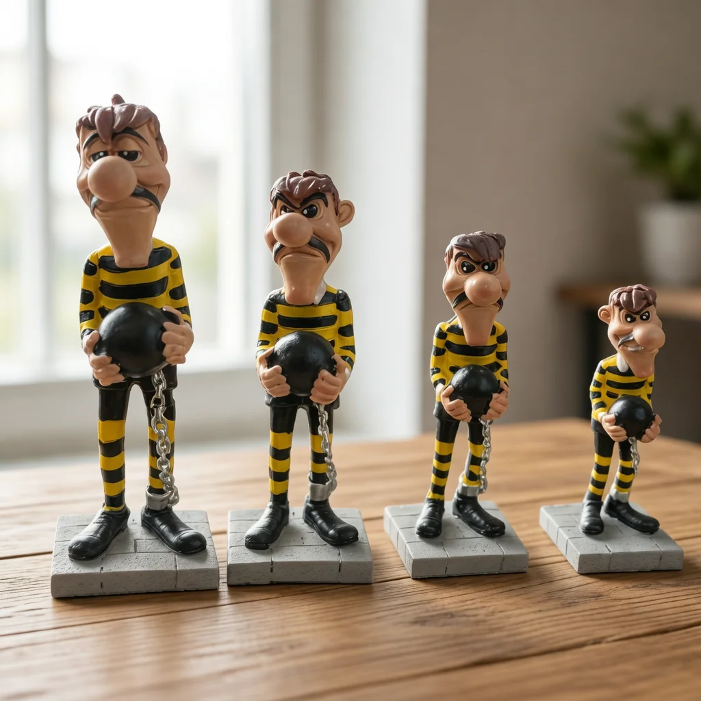 Cartoon Prisoner Figurine Set of 4, Inmate Statues with Bowling Ball, Home Bar Tabletop Decor Gift