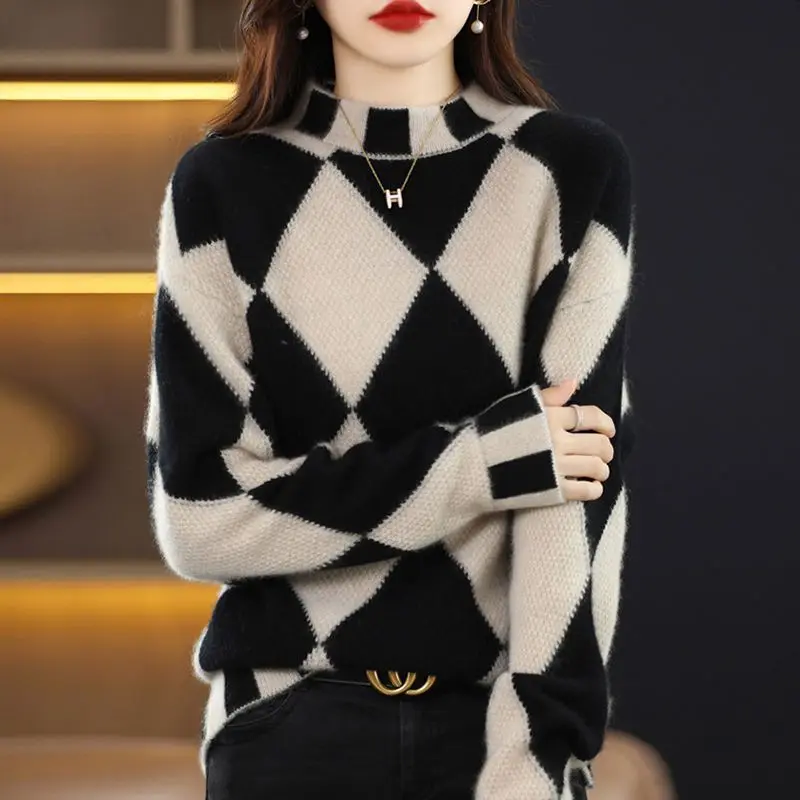 

Vintage Argyle Contrasting Colors Sweaters Patchwork Stylish Half High Collar Autumn Winter Female Screw Thread Knitted Jumpers