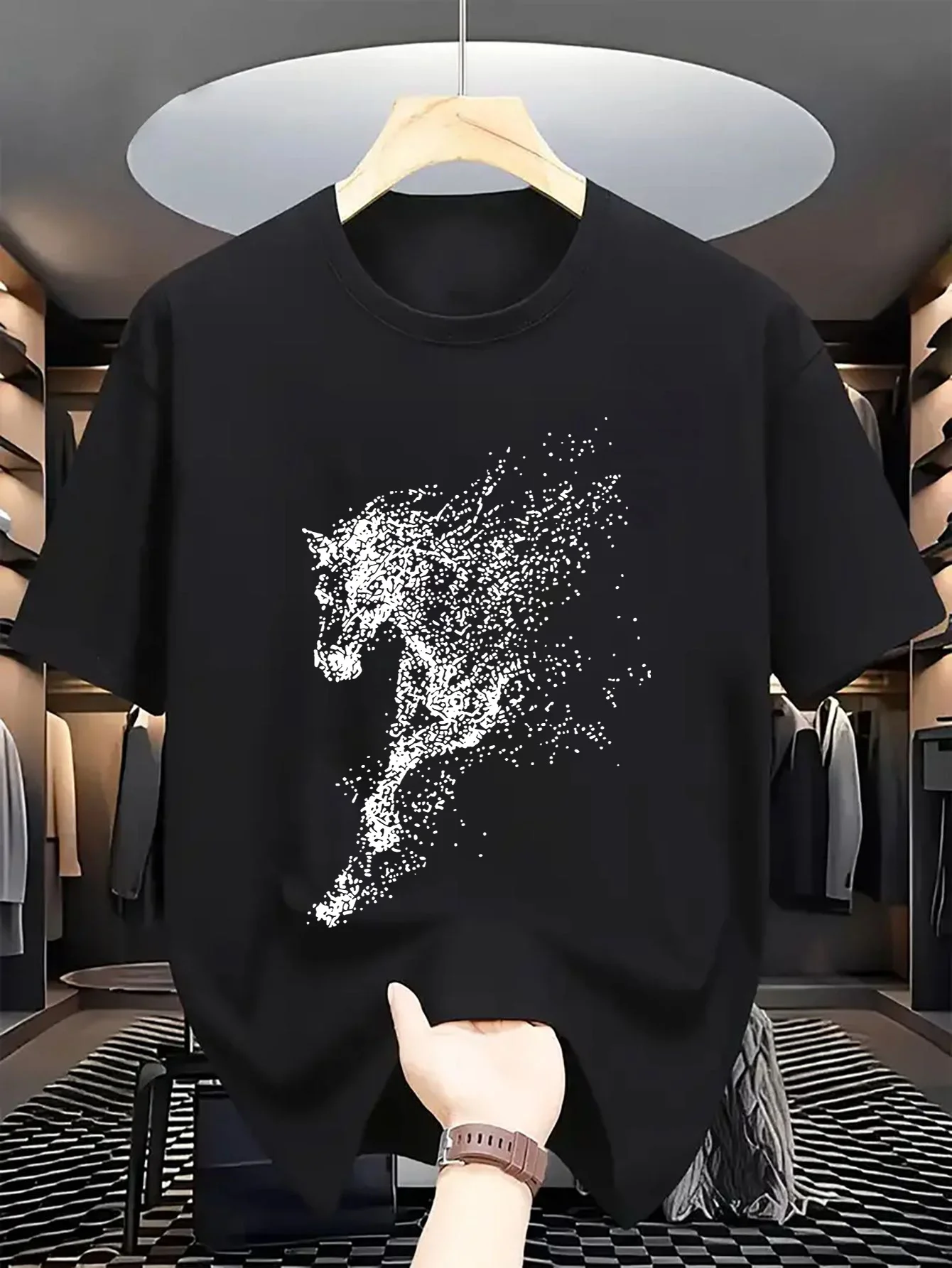 Men's casual fashion deconstruction and reconstruction: horse image printing T-shirt in point art, round neck comfortable
