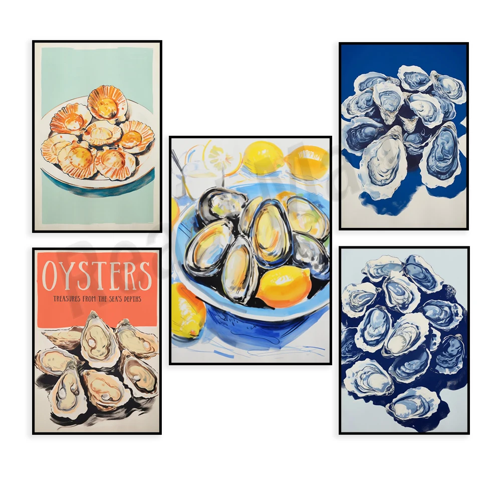 Vintage seafood poster, oysters and scallops, food art coastal print, french bistro kitchen wall art decoration, seashell art,