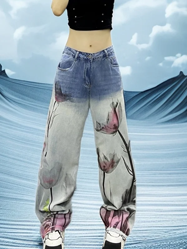 

Spring 2026 Women's High Waist Loose Straight Leg Jeans Waed adient Color Blo Printed Casual Wide Leg Pants Trendy