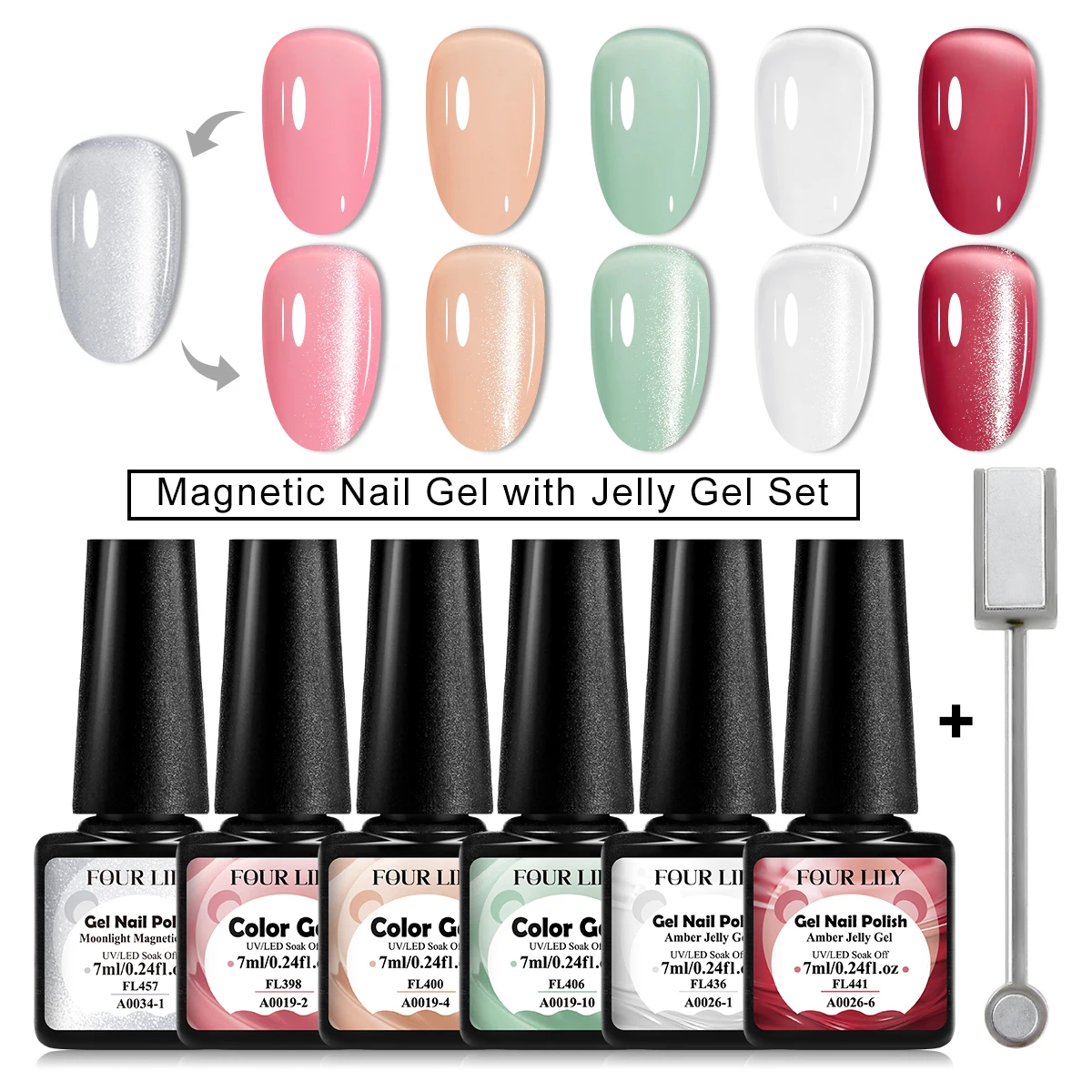 FOUR LILY 6개 젤리 마그네틱 젤 네일 폴리쉬 세트 핑크 레드 브라운 젤리 투명 젤 매치드 캣 마그네틱 젤 키트 매니큐어