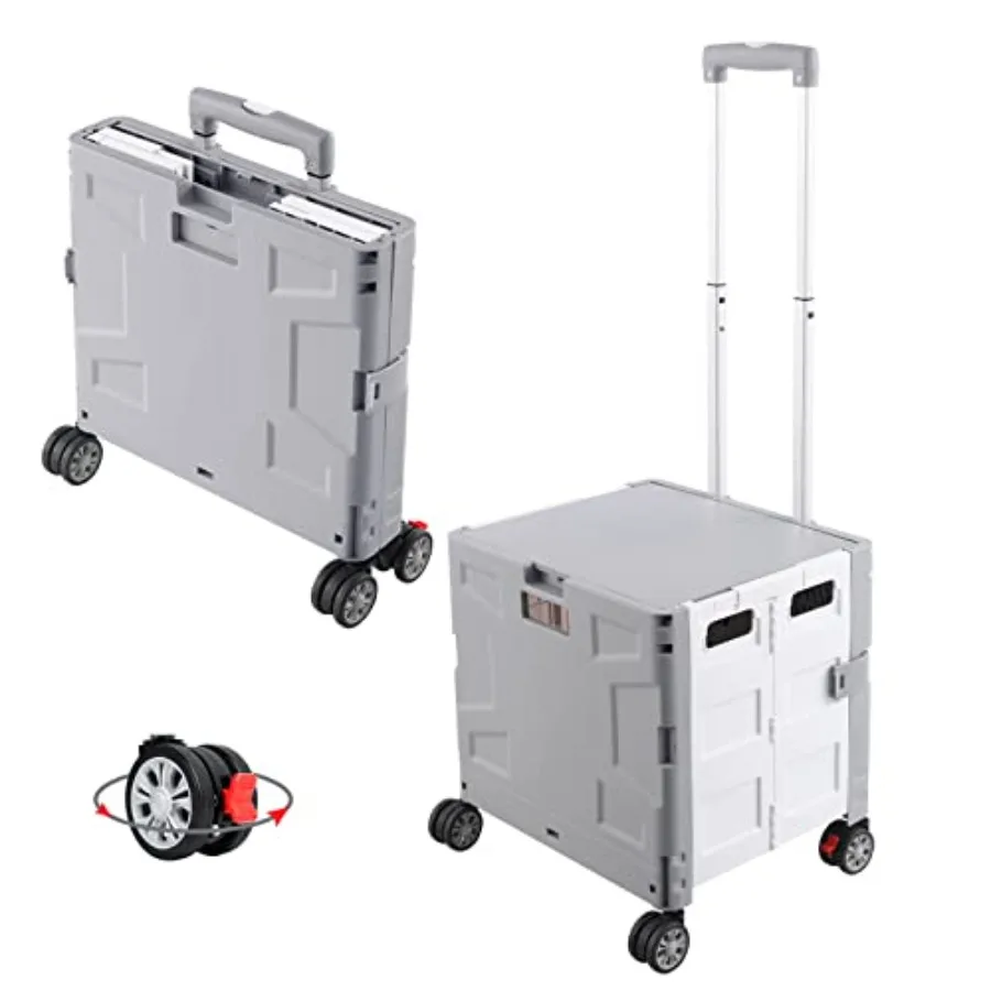 

Folding Utility Cart Portable Rolling Crate Handcart with Durable Heavy Duty Plastic Telescoping Handle Collapsible Hidden Lid