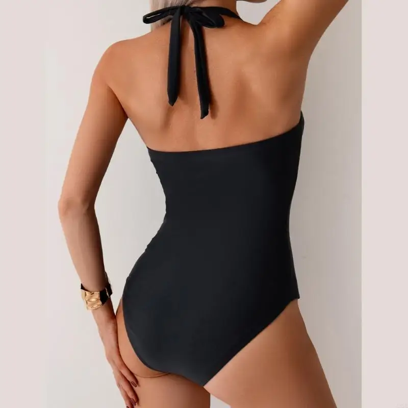 Women Ruched Swimsuit Halterneck Swimwears 1 Piece Swimming Costume Monokini V Neck Bathing Suit Adjustable Strap
