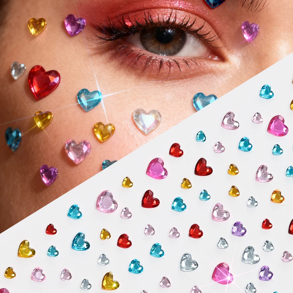 3D Bunte Liebe-Herz Gesicht Edelstein Tattoos Aufkleber Bling Selbstklebende Herz Edelsteine Tattoo für Festival Party Augen Körper Make-Up Dekor – Detail 9