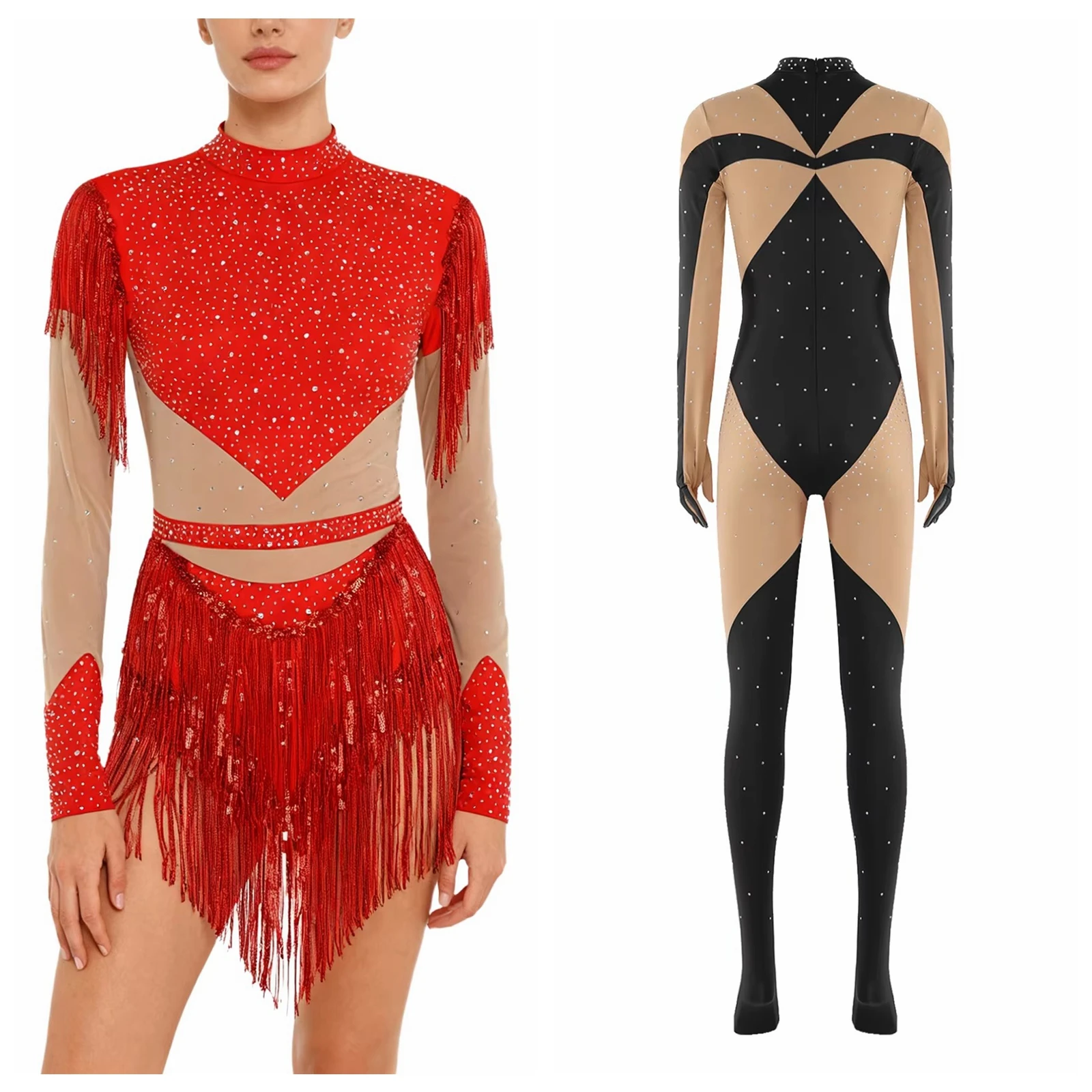 for Latin Chacha Dance Ice Skating Clothes Women's Figure Skating Rhinestone Bodysuit Sequin Tassel Gymnastics Leotard Jumpsuit