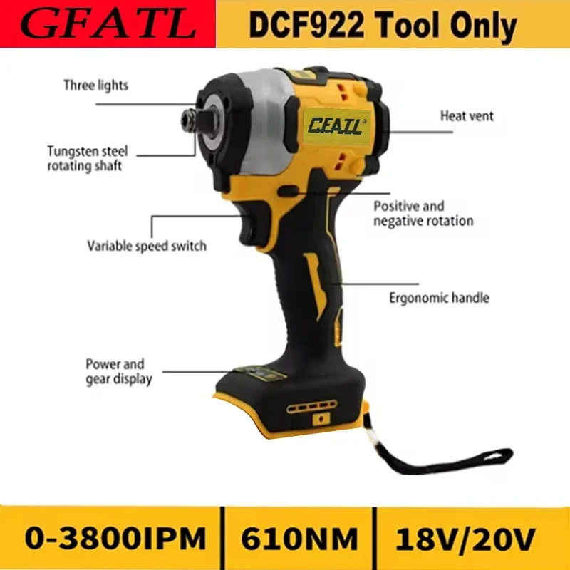 

GFATL DCF922 Wireless Impact Wrench Rechargeable High Torque 205Nm(Reverse) 1/2" 2500 PRM Universal 20V Battery Power Tools