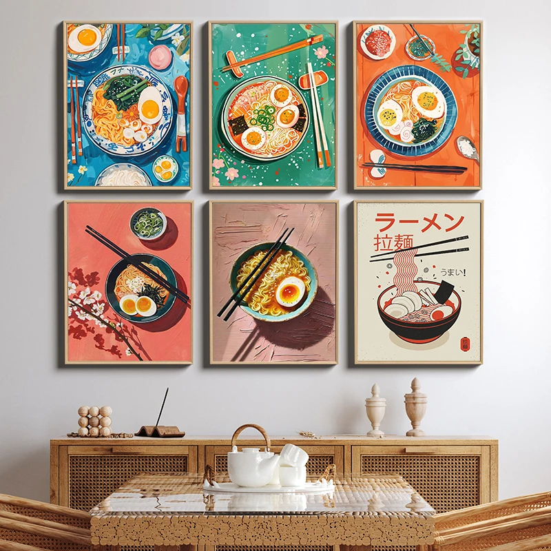 Abstraktes Japanisches Flachstil-Kunstwerk: Leckere Lamian-Nudeln, Lebensmittel-Kunstposter, Leinwanddruck, Restaurant-Nudel-Wanddekoration