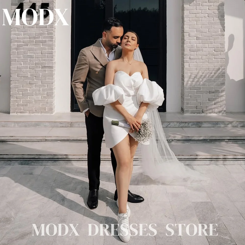 

MODX Off Shoulder A-line White Short Wedding Dresses Detachable Sleeves Pleat Bridal Gown Exquisite Robe De Mariée Bridal Dress