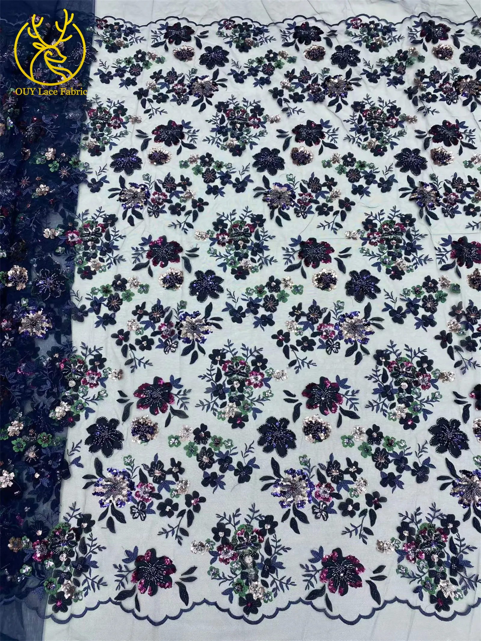 Eleganter Spitzenstoff mit Blumenstickerei und Pailletten, französischer Tüll mit Perlen, afrikanischer Spitzenstoff, nigerianische Spitze für Party- und Ballkleider – Detail 11