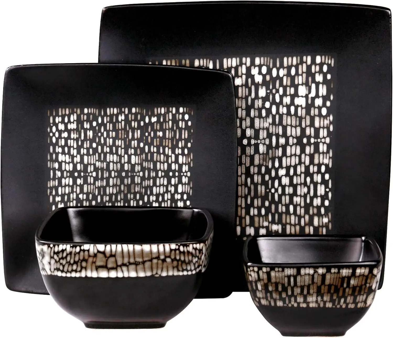 

Square Stoneware Pattern Dinnerware Dish Set, 16 Piece, Matte Black and Tan Tile