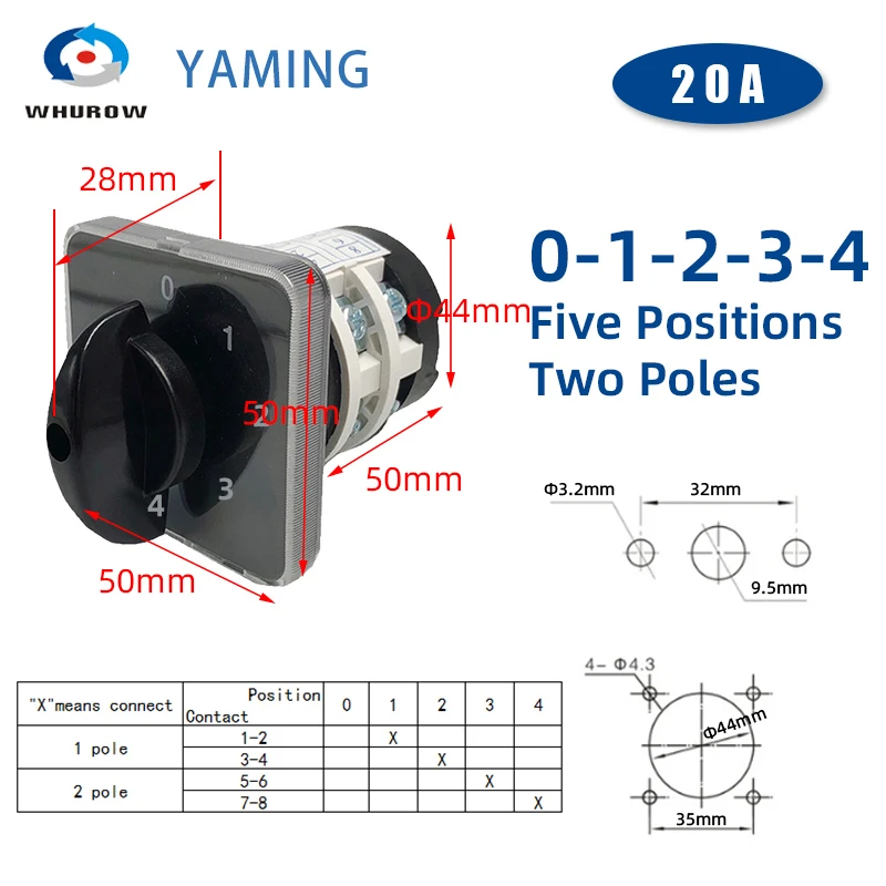 Changeover Cam Rotary Switch YMZ12-20A Electrical Silver Contact Power Control Interuptor ON-OFF Multi Positions LW31