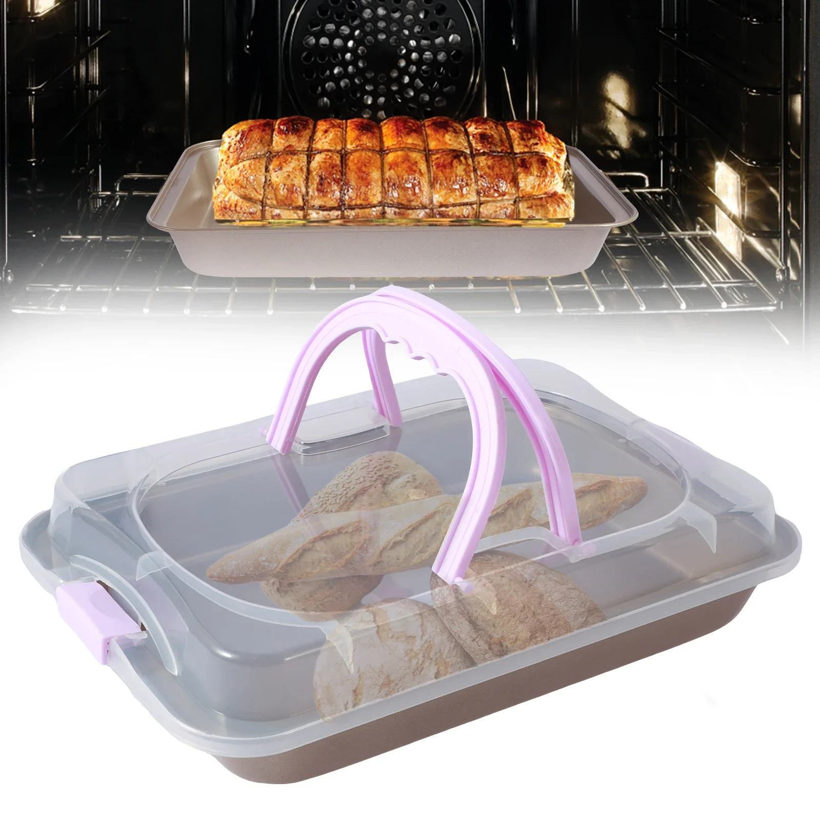 

10x14In Baking Pan with Lid Rectangular Cake Pan with Wide Handle Nonstick Bakeware Baking Pan Multifunctional Cake Carrier Pan