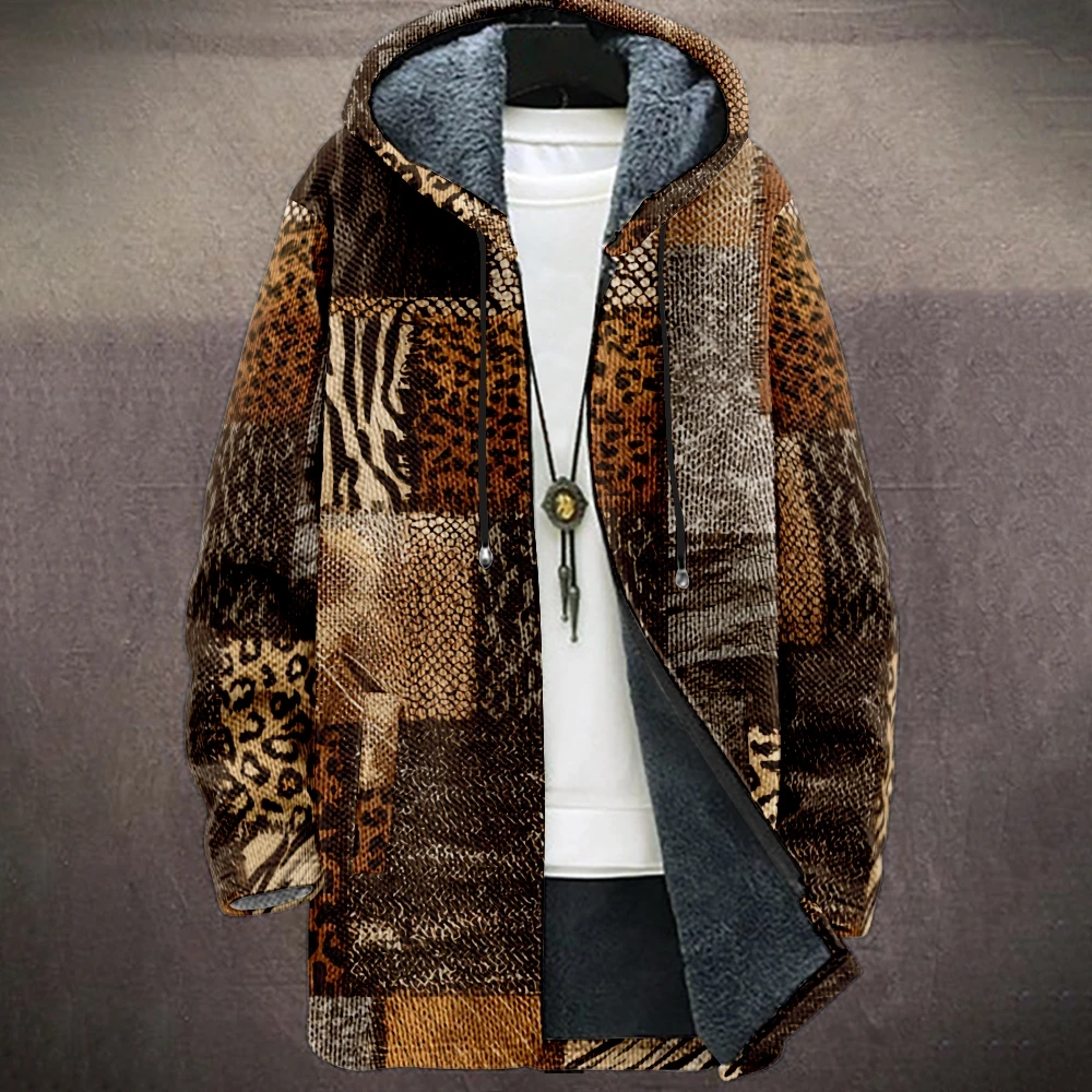 

Men Animal Print Patchwork Hooded Jacket with Faux Fur Lining Wild Style Leopard Zebra Snake Pattern Coat for Streetwear Fashion