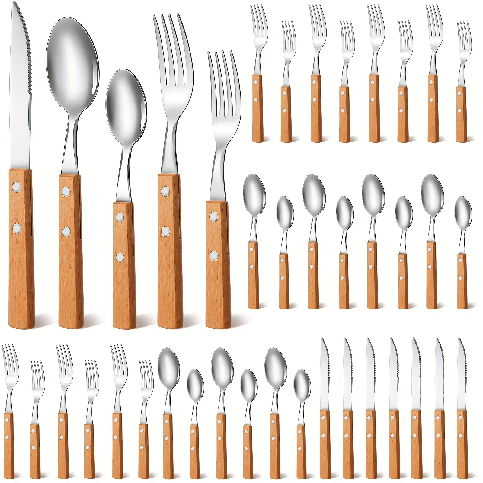 

40pcs Cutlery Set with Wooden Handles, Featuring Walnut-Colored Utensils Made of 18/8 Stainless Steel, Including Knives, Forks, And Spoons, Suitable for 8 People
