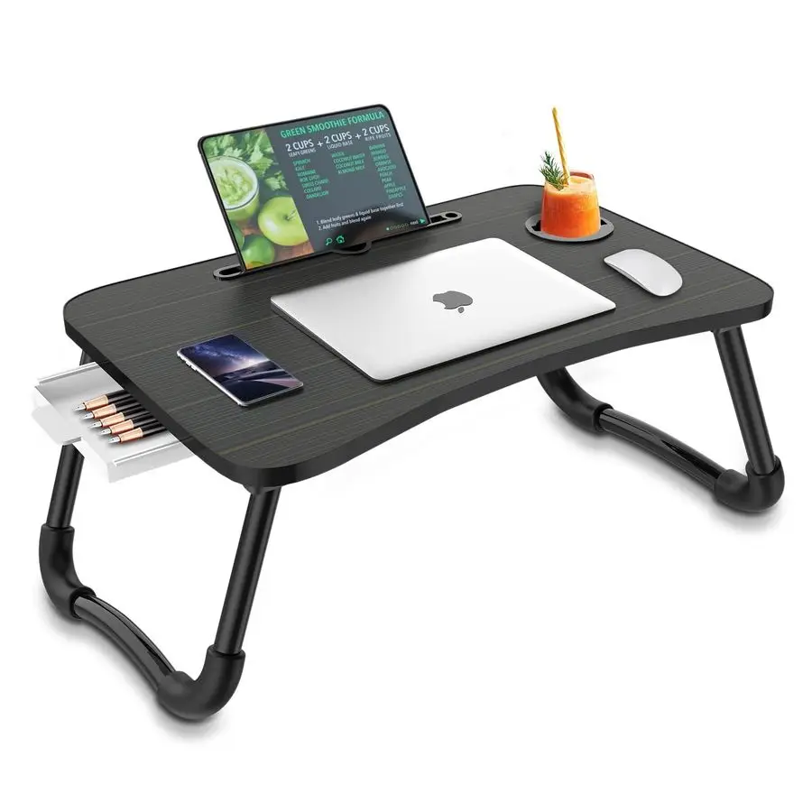 

Foldable Laptop Bed Table MultiFunction Lap Serving Tray Dining Table with Storage Drawer and Water Bottle Holder, Slot for Eati