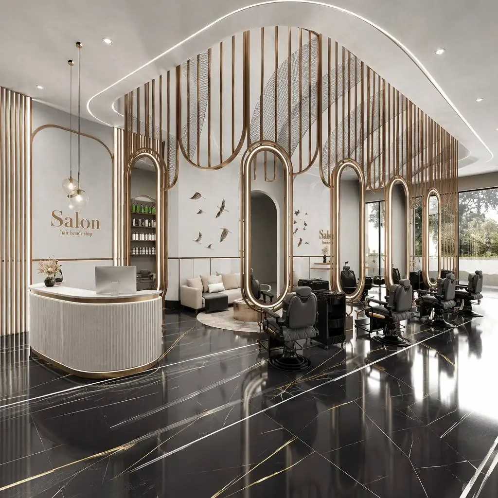 Modern Light Luxury Hair Salon Full Interior Design Champagne Gold Metal Partition Curved Reception Desk Barbershop Furniture